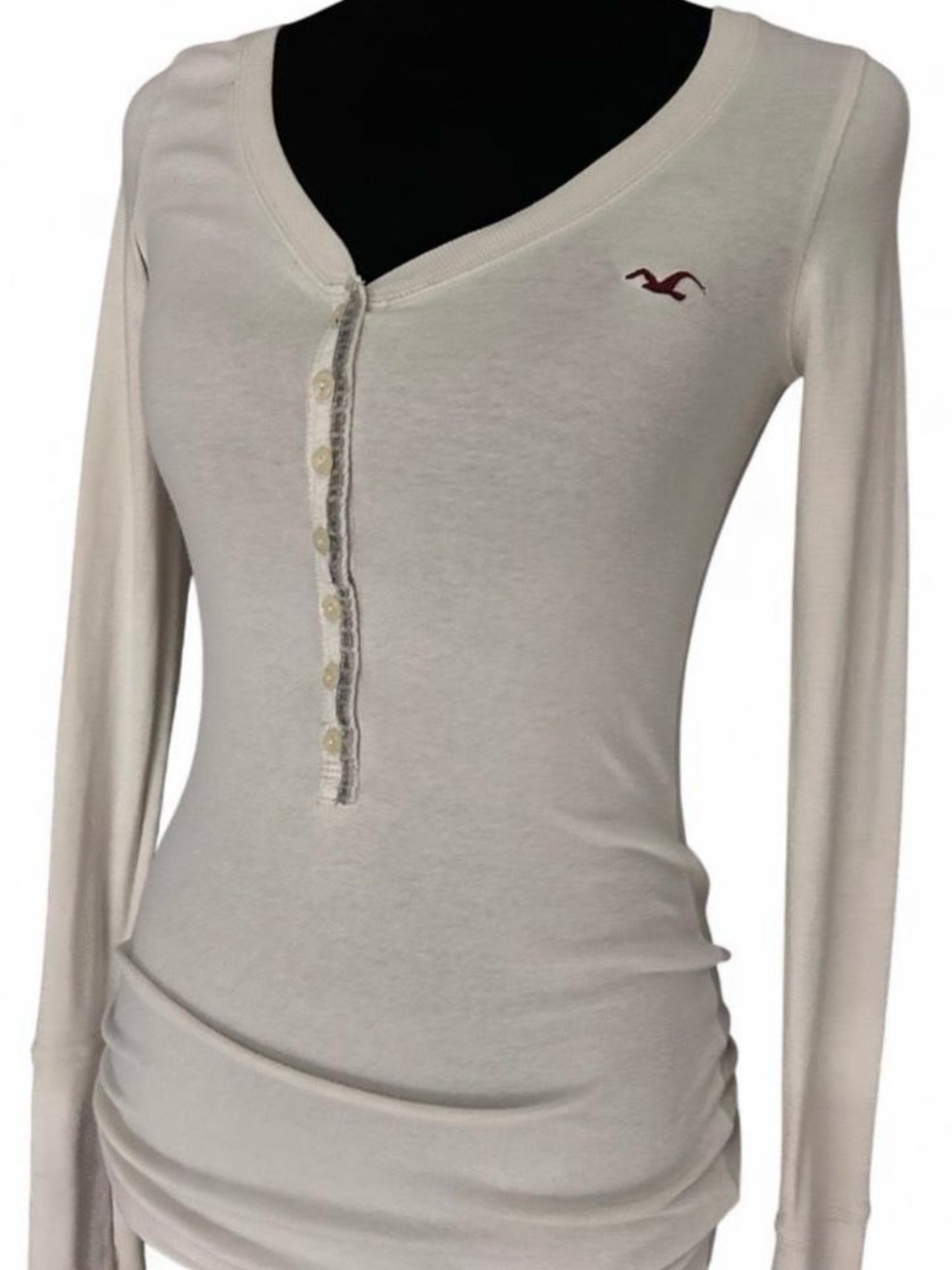 Y2K Hollister Cream Long-Sleeve Henley with Button Placket